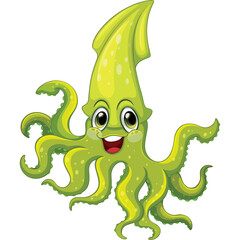 Smiling Lime Green Squid Character with Big Eyes and Tentacles on Transparent Background