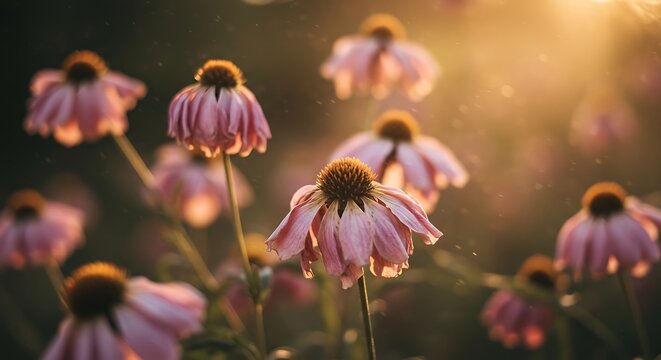 Close up of pink cone flowers in sunlight nature photography copy space