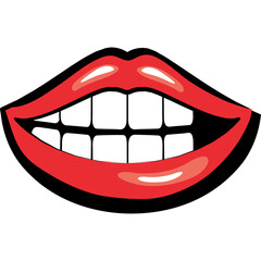 Smiling Mouth With Red Lips And White Teeth Isolated On Transparent Background In Pop Art Style