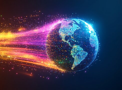 Digital Earth globe with glowing light streaks and particles technology data