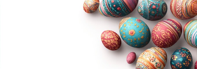 A collection of intricately patterned, colorful eggs arranged on a white background, celebrating the season