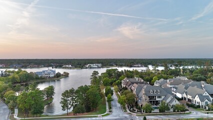 Aerial view of colorful luxury houses in Houston, Woodlands in Texas, United States