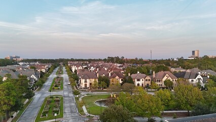 Aerial view of colorful luxury houses in Houston, Woodlands in Texas, United States