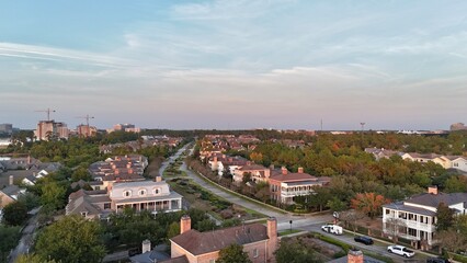 Aerial view of colorful luxury houses in Houston, Woodlands in Texas, United States