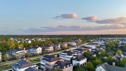 Aerial view of colorful luxury houses in Houston, Woodlands in Texas, United States