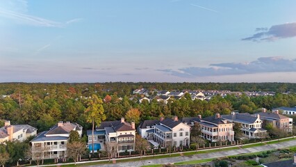 Aerial view of colorful luxury houses in Houston, Woodlands in Texas, United States
