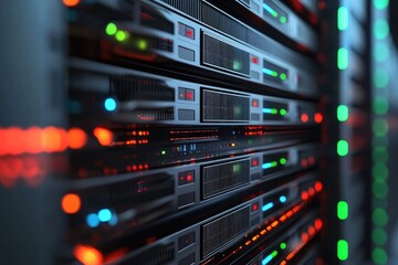Naklejka premium Server rack close-up with red and green indicator lights, ideal for IT presentations, infrastructure visuals, network operations, and system technology concepts
