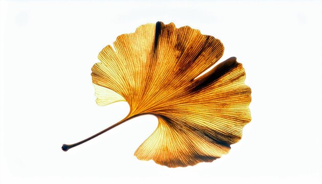A single, translucent golden ginkgo leaf is displayed against a stark white background, highlighting its delicate, fan-like shape and prominent veins.