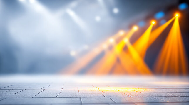 A dynamic stage setting showcasing vibrant lights and a polished floor, ideal for performances and events. - Powered by Adobe