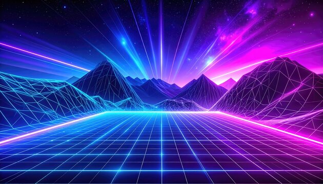 A stunning neon grid landscape with mountains and vibrant colors
