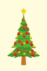 Fototapeta premium Festive green christmas tree decorated with ornaments and star