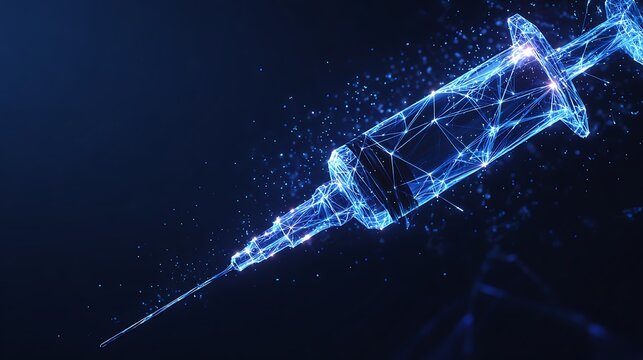 Digital syringe and vaccine concept. Futuristic low poly injection with glowing data connections on dark blue background.