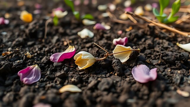 trampled. A garden soil surface with trampled flower petals and broken stems in soft daylight. ESG reports, sustainability campaigns, designed for sustainability communications and ESG reporting.