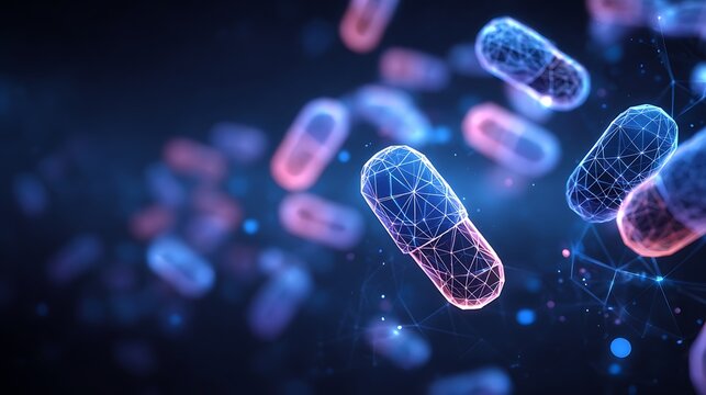 Digital medical capsules and pills concept. Futuristic wireframe pharmaceutical drug technology background.