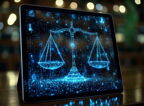 Digital scales of justice glowing blue on tablet screen with bokeh background legal