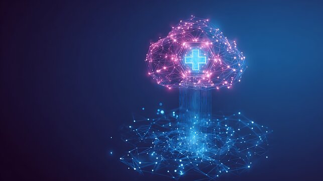 Digital healthcare cloud computing concept. Glowing medical cross and data storage network on dark background. - Powered by Adobe