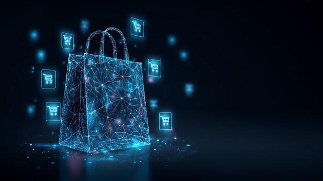 Digital shopping bag and e-commerce concept. Futuristic low poly wireframe network with floating cart icons.