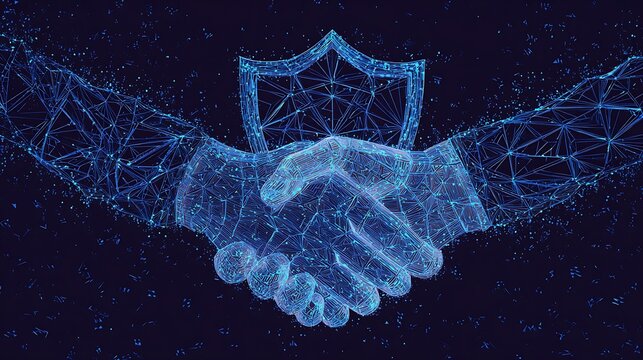 Digital handshake and cyber security concept. Wireframe network hands shaking with a blue shield over dark background.