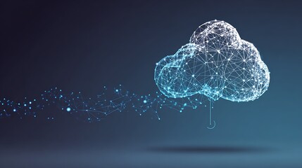 Digital cloud computing concept. Futuristic wireframe data network floating on a dark blue technology background.