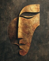 Abstract gold face art on textured dark background, modern decor