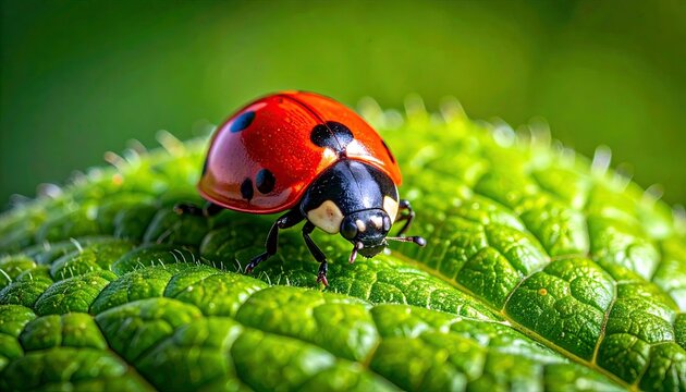 A detailed macro photograph captures a vibrant red ladybug with distinct black spots as it navigates the surface of a textured green leaf. - Powered by Adobe