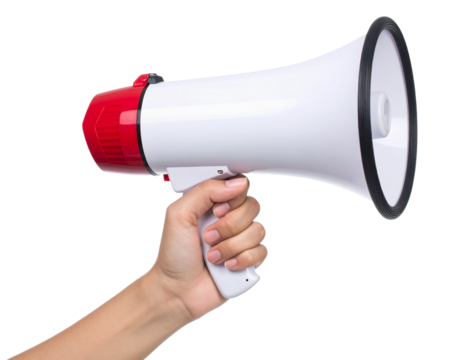 Megaphone announcement communication bullhorn loudspeaker voice hand on transparent background - Powered by Adobe