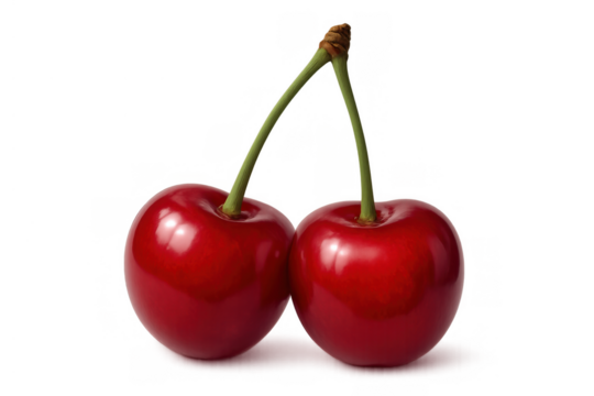 Two ripe red cherries linked by green stems, offering fresh, sweet, and healthy summer fruit on transparent background