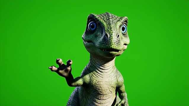 A cute green baby dinosaur waving its hand in a friendly way