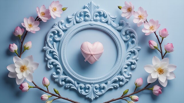 Pastel heart in an ornate blue frame surrounded by delicate white and pink blossoms a romantic and elegant design element