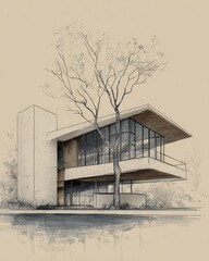 Modern Architectural Design with Large Windows and Nature Elements