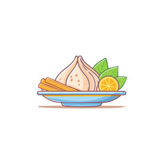 Delicious Modak with Saffron Strands Lemon Slice and Green Leaves on a Plate.