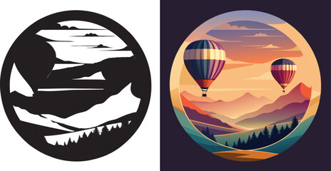 Vibrant hot air balloons drift serenely over majestic mountain landscapes at sunset, evoking wonder and adventure.
