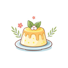 Delicious Pudding Dessert with Caramel Drizzle and Leaf Garnish on a Plate.