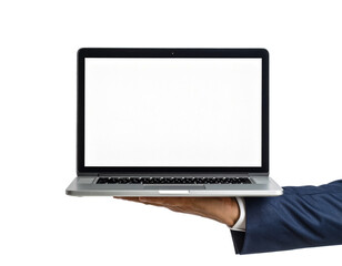 Laptop mockup hand holding blank screen for advertising concept on transparent background