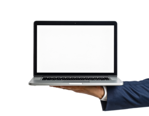 Laptop mockup hand holding blank screen for advertising concept on transparent background