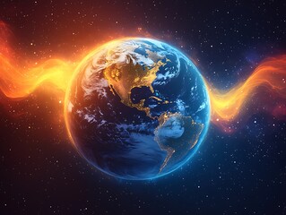 Naklejka premium Earth in space with glowing orange energy waves and starry background planet galaxy