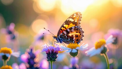 A detailed shot of a colorful butterfly perched on a purple flower, bathed in warm sunlight with a blurred background.