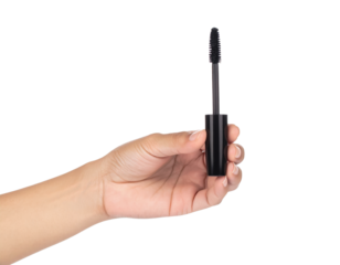Mascara wand held in hand beauty makeup cosmetic product shot on transparent background