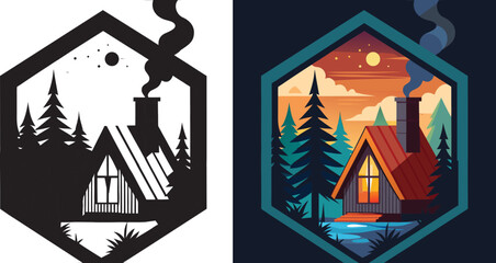 Cozy cabin nestled among pine trees with warm light glowing from windows under a vibrant sunset sky