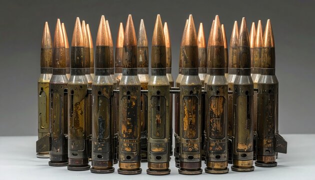 A close-up shot of a row of ammunition cartridges. The cartridges are cylindrical with pointed tips, showcasing the instruments of conflict