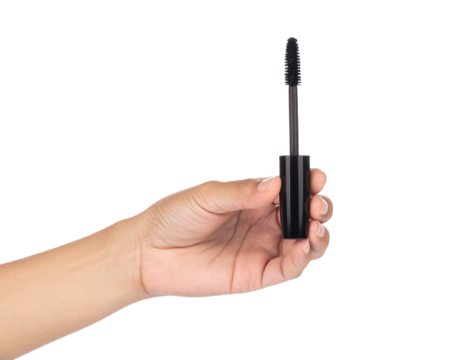 Mascara wand held in hand beauty makeup cosmetic product shot on transparent background