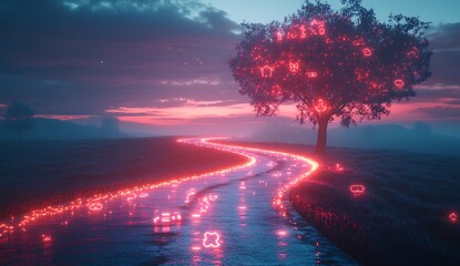 Glowing digital icons on tree and winding path at dusk road technology