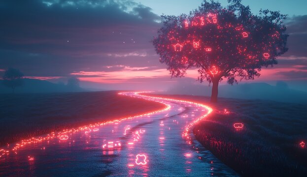 Glowing digital icons on tree and winding path at dusk road technology