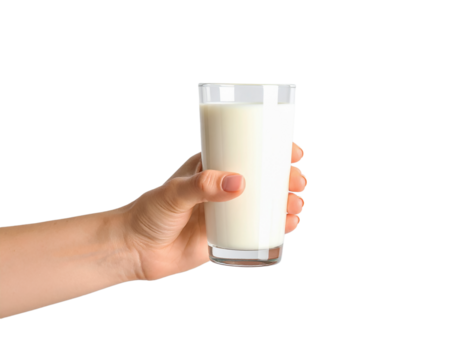 Hand holding glass of milk dairy product calcium healthy drink on transparent background