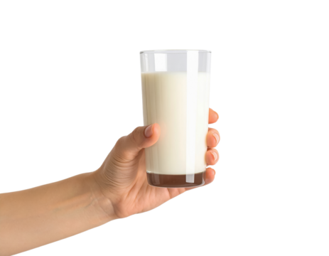 Hand holding glass of fresh milk dairy drink healthy beverage shot on transparent background