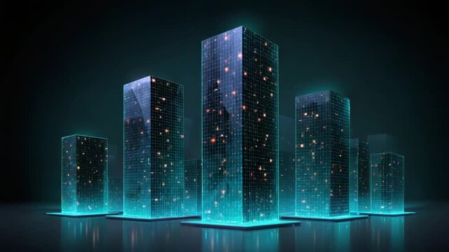 Glowing city skyscrapers with grid overlays and embedded lights against a dark backdrop