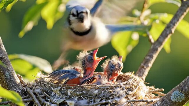 Blue Jay Parent Feeding Hungry Chicks in Nest.