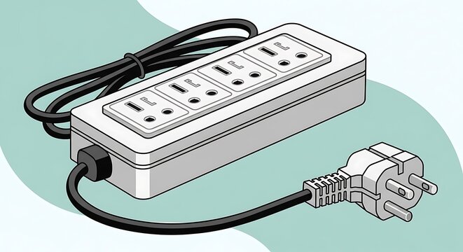 Electrical Power Strip with Multiple Outlets and Plug.