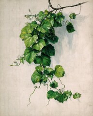 Lush Green Ivy Vine Descending from Branch on Neutral Background