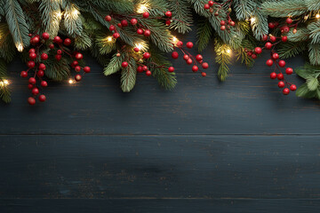 Christmas Wreath Border with Pine Branches, Red Berries, and Festive Lights